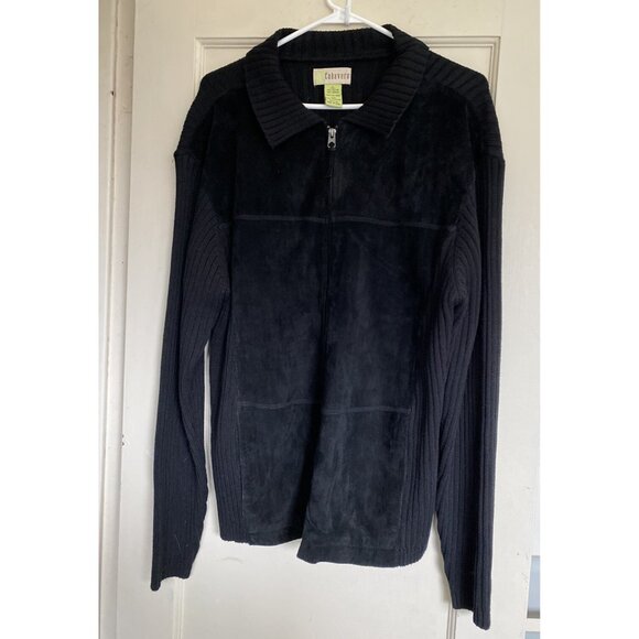 Mens Sz L Black Cubavera Zip Suede Front Ribbed Knit Sweater Jacket Retro EUC - Picture 9 of 9
